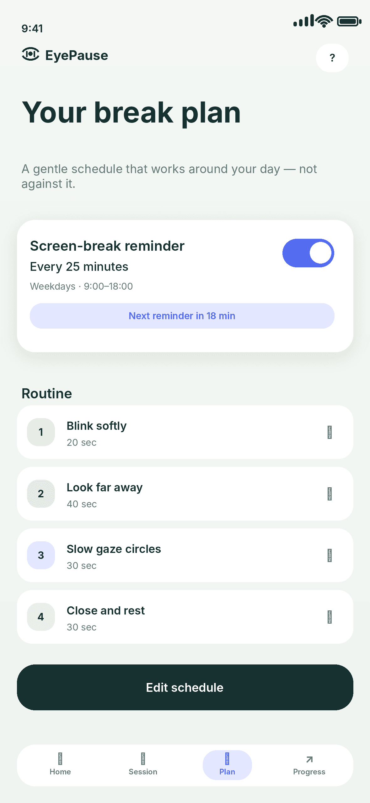 Concept EyePause break plan screen with a reminder interval and routine steps